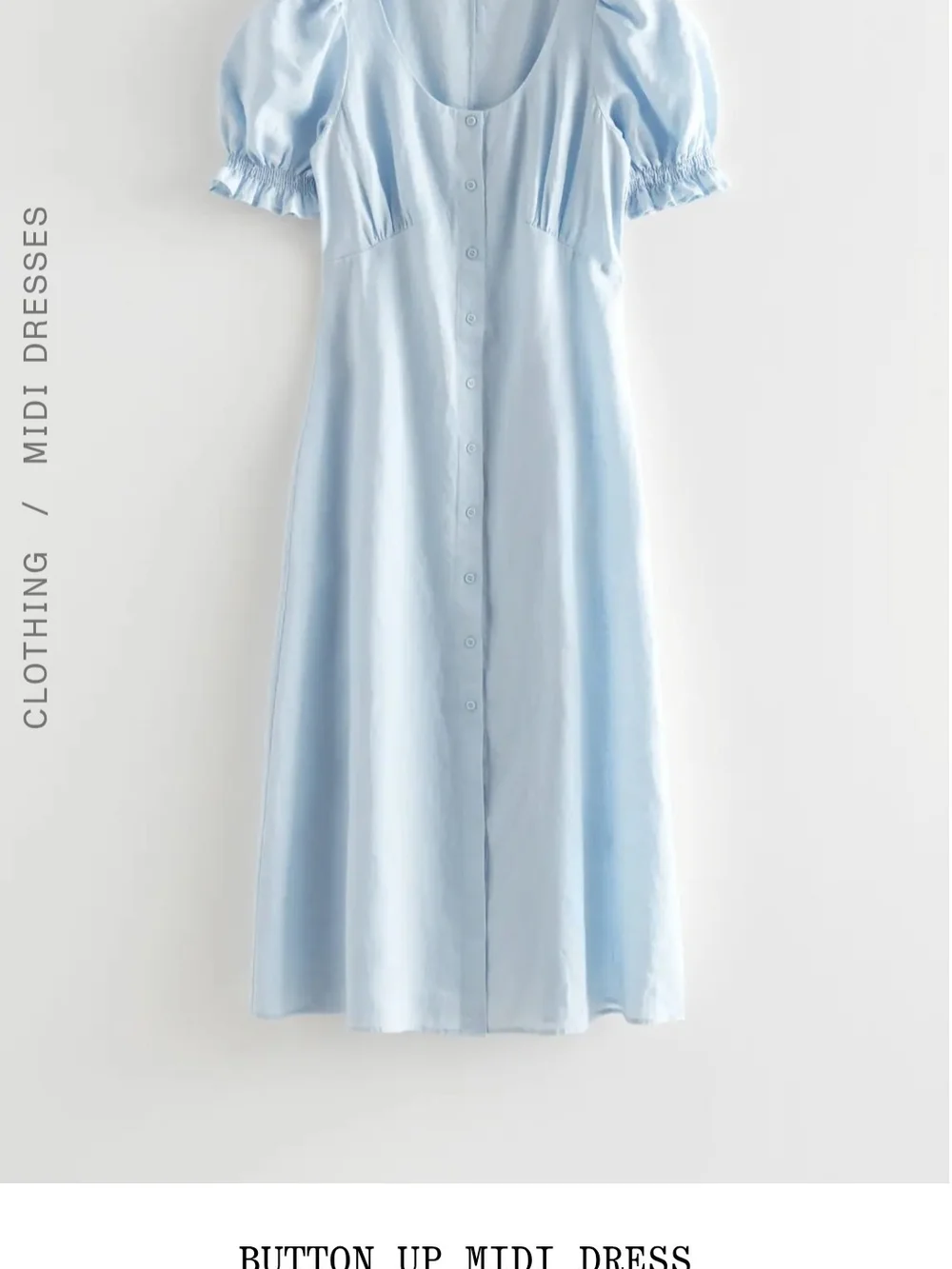 & Other Stories Powder Blue Linen Button-Front Midi Dress - Picture 2 of 6